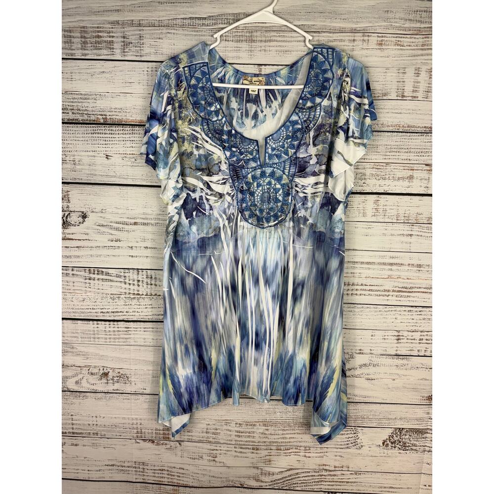 World Unity Top Womens 1X Blue Tunic Embellished Boho Festival Hippie Artsy Y2K